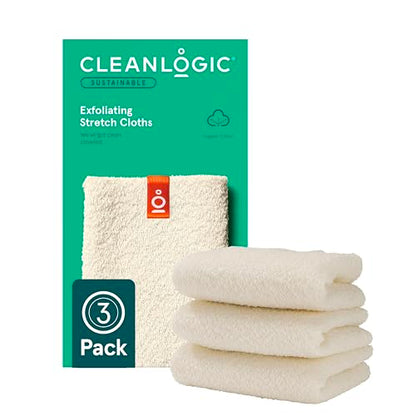 Cleanlogic Body Exfoliating Cloth, Stretchy Organic Sustainable Cotton Exfoliator Bath and Shower Washcloths, Reusable Daily Skincare Tool, 3 Count - size: 3 Count (Pack of 1), style: Sustainable - Stretch Cloth