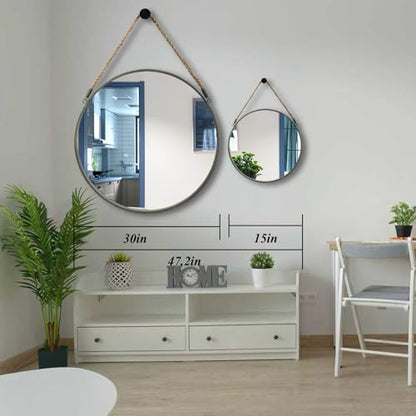 POZINO 15" Small Round Hanging Mirror with Grey Metal Frame - color: Grey, size: 15"L x 15"W