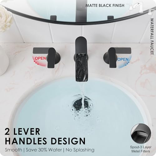 Matte Black Widespread Bathroom Sink Faucet 3 Hole, 8 Inch Waterfall Faucet for Bathroom Sink with Pop-Up Drain and cUPC Supply Lines, 2 Handles for Vanity Lavatory Restroom, Brass Material - color: Matte Black - Elegant