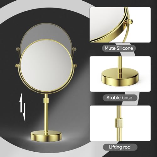 Nicesail 8" Face 10X Tabletop Vanity Mirror, Shiny Gold, Height Adjustable | 15-19" Tall Table Mirror, 1X 10X Magnifying Mirror Double Sided for Makeup &Shaving, Desk Vanity Mirror 360 Rotation Bathroom