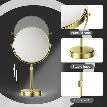 Nicesail 8" Face 10X Tabletop Vanity Mirror, Shiny Gold, Height Adjustable | 15-19" Tall Table Mirror, 1X 10X Magnifying Mirror Double Sided for Makeup &Shaving, Desk Vanity Mirror 360 Rotation Bathroom