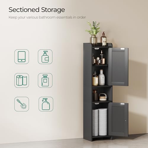 Bathroom Cabinet with 2 Doors, 7.3 x 9.8 x 40.4 Inches, Small Freestanding Storage Cabinet with Adjustable Shelf, Floor Cabinet for Small Spaces, Bathroom, Entrances, Kitchen, Black