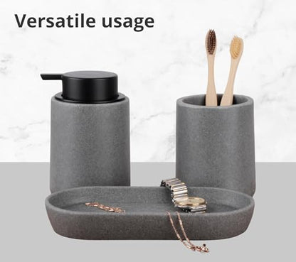 Clasin Home Grey Bathroom Accessories Set, 3 Pcs Resin Bathroom Accessories Complete Set, Sandstone Look Soap Dispenser with Large Pump, Toothbrush Cup, Soap Dish for Modern Home Decor and Kitchen