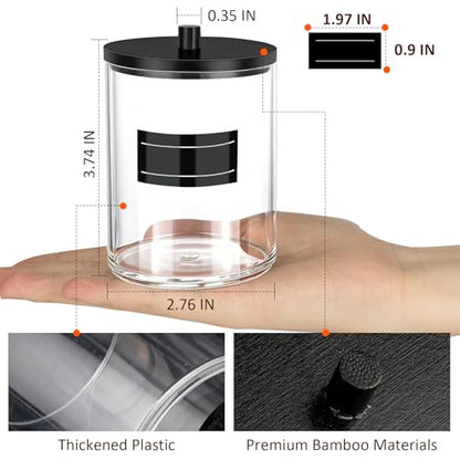 4 Pack 10 oz Acrylic Qtip Holder with Labels Dispenser- Bathroom Small Clear Plastic Canister Apothecary Jar Set Essentials Accessories Decor, Vanity Storage Organizer