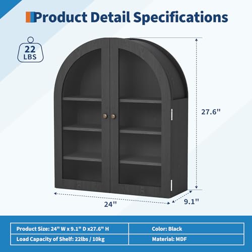 Garvee Arched Bathroom Wall Cabinet with Acrylic Double Doors, 24" Farmhouse Medicine Cabinet with Adjustable Shelf, Wall-Mounted Wood Storage Cabinet Over The Toilet for Bathroom, Kitchen, Black - color: Black
