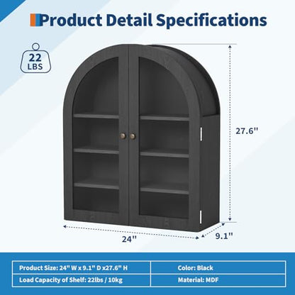 Garvee Arched Bathroom Wall Cabinet with Acrylic Double Doors, 24" Farmhouse Medicine Cabinet with Adjustable Shelf, Wall-Mounted Wood Storage Cabinet Over The Toilet for Bathroom, Kitchen, Black - color: Black