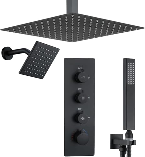 16" Thermostatic Dual Rainfall Head Shower System with Handheld & Valve, 16” Ceiling Shower Faucet Set with 6-Inch Shower Head, JetsBath Matte Black Full Body Shower System for Couples/ 2-Person - color: Matte Black