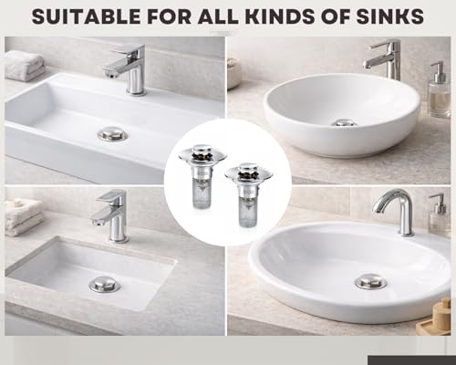 2Pcs Bathroom Sink Drain Strainer, 304 Stainless Steel Drain Filter, Pop Up Bathroom Sink Drain with Hair Catcher Fits 1 1/4" to 1 1/2" US Bathroom Sink Stopper Replacement