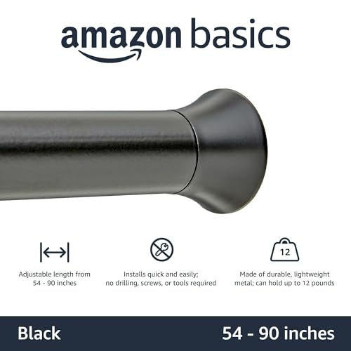Amazon Basics No Drill Adjustable Sturdy Spring Tension Curtain Rod, Adjustable 54-90" Width, Black, Classic Finial - color: Black, size: 54-90"