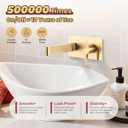 Wall Mount Bathroom Faucet, Single Handle Bathroom Sink Faucet | Gold Single Handle Wall Bathroom Vanity Faucet, Long Spout, Rough-in Brass Valve, Basin Faucet for Vessel Sink Lavatory