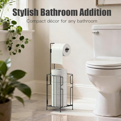 Toilet Paper Holder Stand with Storage, Free Standing Paper Roll Dispenser for 4 Mega Rolls, Space-Saving Bathroom Organizer, Easy Assembly & Stable