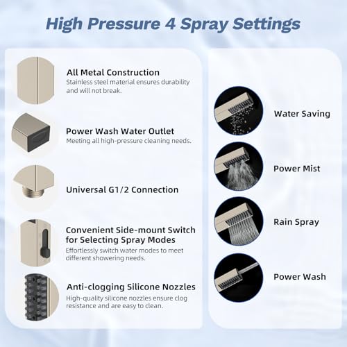Hibbent 5-Mode 13" Rain Shower head, 4-Mode Handheld Shower, Brushed Nickel | cUPC Certified High Pressure Showerhead Combo, All Metal 4-way Diverter Extension Arm & Handheld Spray, 71'' Hose & Holder - color: Brushed Nickel, style: Square 13"