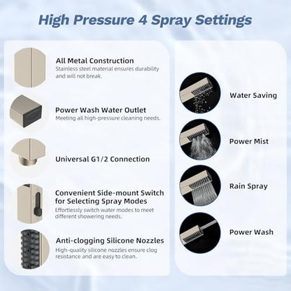 Hibbent 5-Mode 13" Rain Shower head, 4-Mode Handheld Shower, Brushed Nickel | cUPC Certified High Pressure Showerhead Combo, All Metal 4-way Diverter Extension Arm & Handheld Spray, 71'' Hose & Holder - color: Brushed Nickel, style: Square 13"