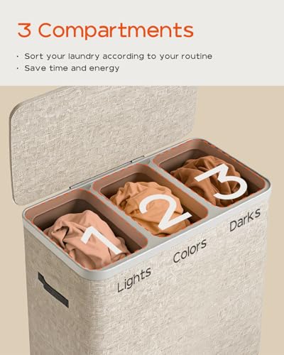CASAMAYA Laundry Basket with Lid, Laundry Hamper 3 Section, 190L collapsible Laundry Organizer, Easy Assembly, with Handles and Removable Liners, 25.2 x 15.7 x 29.5 Inches, Beige JSP904M - color: Beige, size: 190L(3-Section)