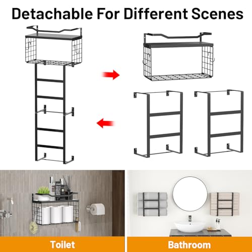 Towel Racks for Bathroom Black, 34IN Rolled Towel Holder, Towel Rack Wall Mounted with 2 Pack Shelf and a Wire Basket, Bathroom Towel Storage and Organizer, Sturdy Metal & Wood - color: All Black
