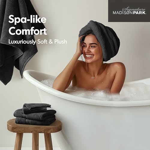 Madison Park 800GSM 100% Cotton Bathroom Bath Towel Set of 8, Black | Long Staple, Highly Absorbent, Durable Hotel Spa Quality, Quick Dry, Double Stitched Hems, Lint Reducing, OEKO-TEX Certified - color: Black, size: Multi-Sizes