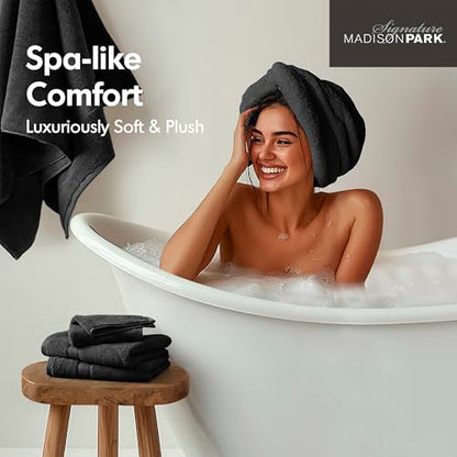 Madison Park 800GSM 100% Cotton Bathroom Bath Towel Set of 8, Black | Long Staple, Highly Absorbent, Durable Hotel Spa Quality, Quick Dry, Double Stitched Hems, Lint Reducing, OEKO-TEX Certified - color: Black, size: Multi-Sizes