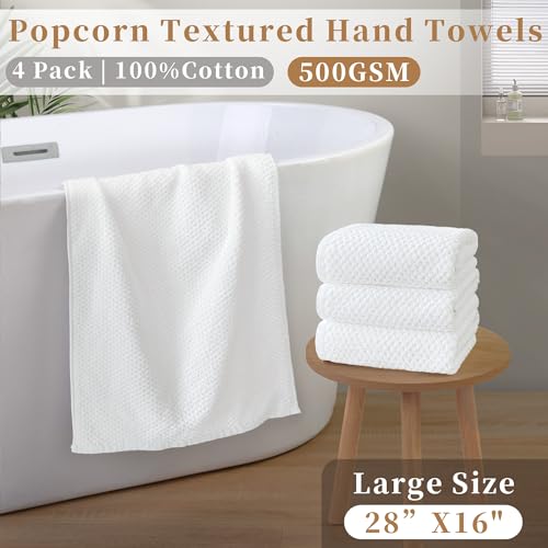 VOOVA & MOVAS Popcorn Textured Hand Towels, 4PC Large 16" x 28", 100% Cotton | Thick | Quick Dry | Absorbent, Hand Towels for Showering, Bathroom Essentials, Ivory - size: 4PC Hand Towels (16"x28")