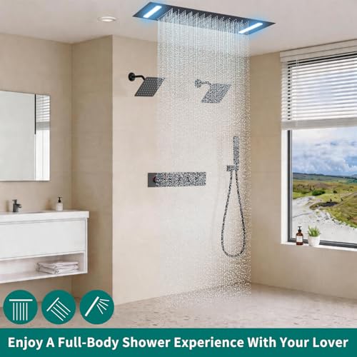 Shower Faucet Set Ceiling 20x14 inch LED Shower Head, Temperature Display Thermostatic Shower Valve, and Two 8-inch Wall Mounted Shower Heads Handheld Combination (Matte Black) - color: Matte Black