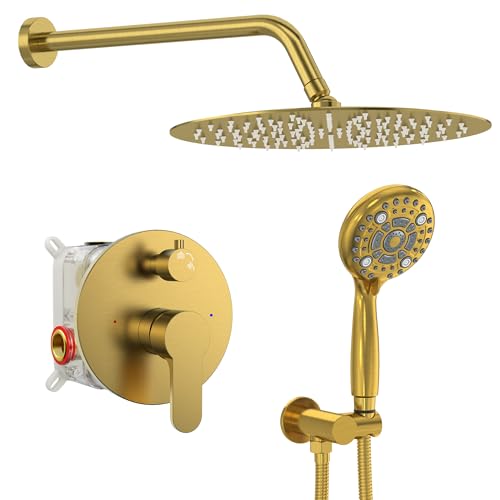 SR SUN RISE Shower Faucet - Multifunctional High Pressure Shower Head System with Handheld Shower Head Fixtures - Valve Included (Brushed Gold, 12 inch) - color: Brushed Gold, size: 12 Inch