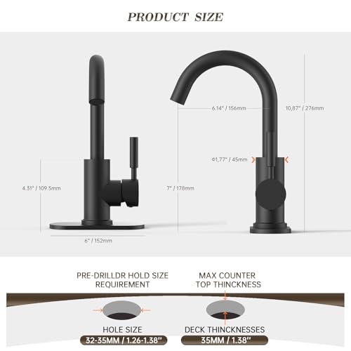 Single Hole Matte Black Single-Handle High-Arc Stainless Steel Faucet for Pre-Kitchen Sink/Bar Sink/Bathroom Sink, with 4 Inch Deck Plate and Supply Hoses, Matte Black, WE08E-MB - color: Matte Black