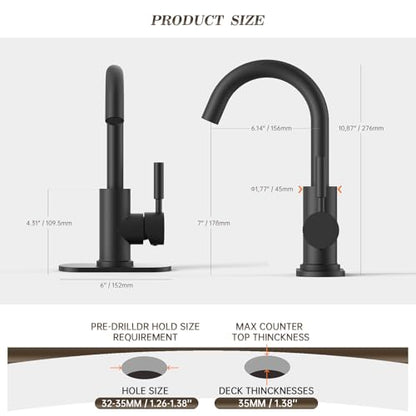 Single Hole Matte Black Single-Handle High-Arc Stainless Steel Faucet for Pre-Kitchen Sink/Bar Sink/Bathroom Sink, with 4 Inch Deck Plate and Supply Hoses, Matte Black, WE08E-MB - color: Matte Black