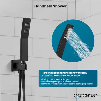 gotonovo Ceiling Shower System with Handheld Matte Black,10 inch Head | Ceiling Mount Bathroom Shower Faucet Set,SUS304 Rainfall Head and Handle Set Combo,Brass Valve Trim Kit,All Metal - color: Black, size: 10 inch Head