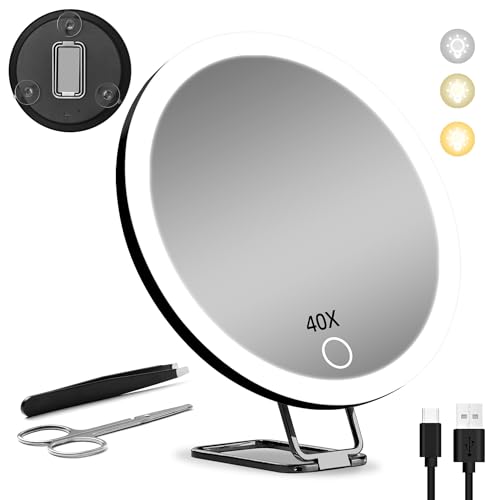 40X Magnifying Mirror with Lights, 6inch Compact Travel Size, 40X Lighted Makeup Magnification Mirror with 3 Suction Cups and 360° Adjustable Stand - Includes Tweezers & Scissors Set - color: Black-40x