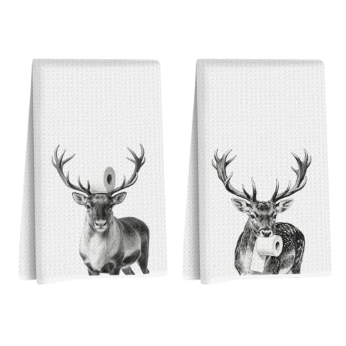 2 Pcs Funny Deer Toilet Paper Waffle Kitchen Towels, Funny Reindeer Gift | Deer Hand Towel for Bathroom Decor, Rustic Stag Decorative Hand Towels, Reusable Microfiber Absorbent Towel 14x24 Inch - color: Deer Toilet Paper