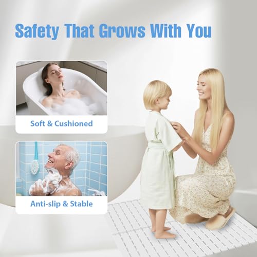 Shower Mat Non-Slip Bath Mat for Tub and Shower Stall,200+ Suction Cups with Drain Holes, Quick Dry Machine Washable, Extra Grip for Stand Up Showers, Bathroom Essentials 24x24 Inch (White) - color: White