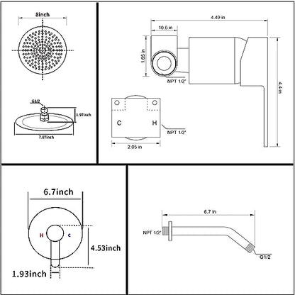 Matte Black Shower Faucet GGStudy Single Function Shower Trim Kit with Rough-in Valve Shower Set Bath Rainfall Shower Faucet System 8inch Round Stainless Steel Metal Shower Head - color: Black, style: Round