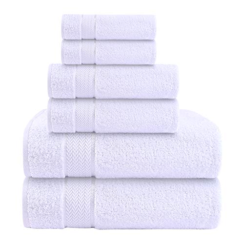 6 Piece 100% Cotton Bath Towel Set - 2 Bath - 2 Hand - 2 Face, White | 100% Cotton • Thick & Plush • Hotel Quality • Ultra Soft • Highly Absorbent • Quick Dry • Low Lint • Machine Washable - color: White