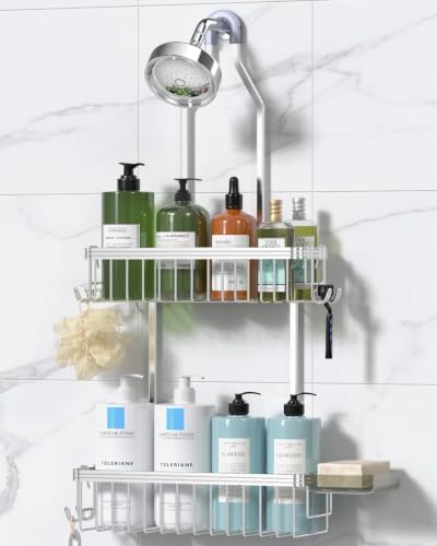 Never Rust Shower Caddy Hanging, Aluminum Shower Racks for Inside Shower, 2-Tier Shower Organizer Hanging Over Shower Head with Hooks and Soap Holder, Silver - color: Silver