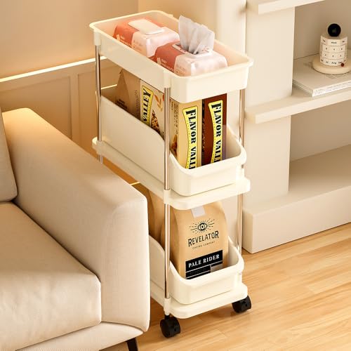 Slim Storage Cart 3 Tier Slim Rolling Utility Cart with Pull-Out Baskets & Wheels for Narrow Space in Kitchen Dining Room Bathroom Laundry Room Cream White (Width 6.3 Inches) - size: 3 Tier