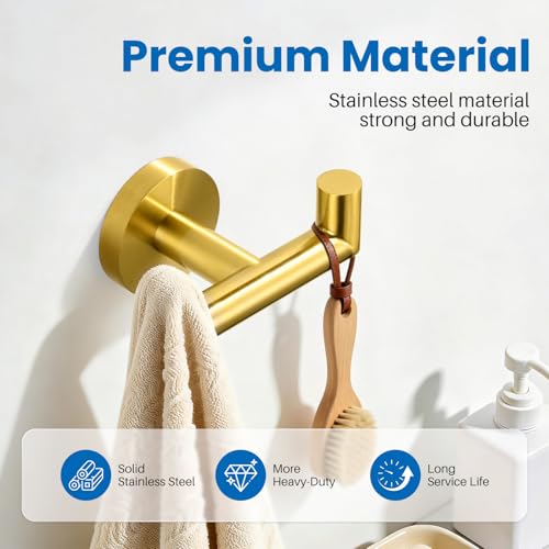 Shower Towel Hook, Wall Mount Robe Hook Holder, Brushed Gold | Stainless Steel Material, Double Hooks Design, Rust-Resistant, Strong Load-bearing Capacity - color: Brushed Gold