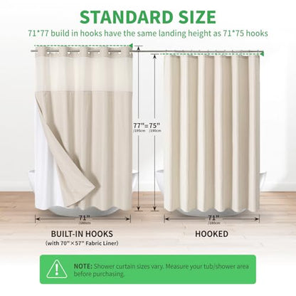 eachope No Hooks Needed Linen Textured Shower Curtain with Snap-in Fabric Liner Set,Cream Hotel Luxury Decor Shower Curtains for Bathroom,Waterproof & Washable,71Wx77H | 230GSM Thick Fabric,Hotel Luxury Decor,Mesh Top Window,Magnetic Weighted Hem,Waterpro