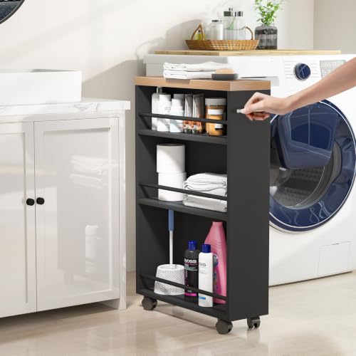 Tribesigns Slim Storage Cart, Rolling Narrow Kitchen Cart on Wheels for Small Place, 4-Tier Slide Out Slim Utility Cart Skinny Laundry Cart with Handle for Kitchen, Bathroom, Laundry - style: Rustic