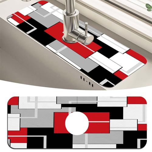 MCALK Geometric Red Kitchen Sink Faucet Mat Splash Guard, Absorbent Quick-Dry Kitchen Sink Mat - Ideal for Splash Guard & Drip Catching with Modern Art Decor( 1pc 15"x5.5") - color: 01Geometric Red