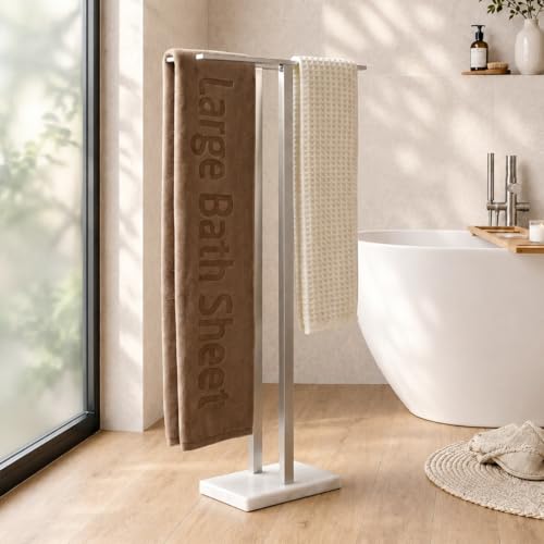 KES 43'' H Standing Towel Rack for Bathroom, Weighted Marble Base | Fits Large Bath Sheet, Freestanding Floor, 2-Tier, Outdoor, Extra High, Thick 18/8 Stainless Steel Brushed Finish, BTH232-2
