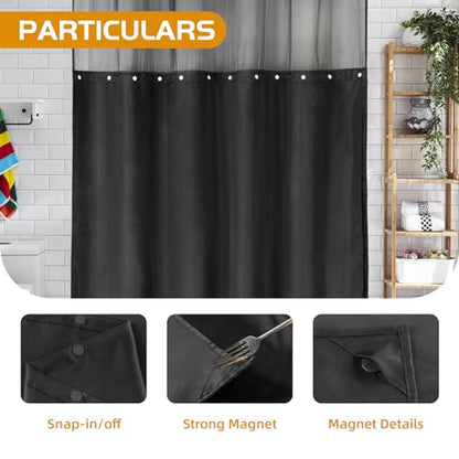 eachope 2 Pack Fabric Snap-in Shower Curtain Liner Replacement,Compatible with No Hook Shower Curtain with Snap in Liner, Removable & Water-Repellent,Machine Washable,70x54,Black