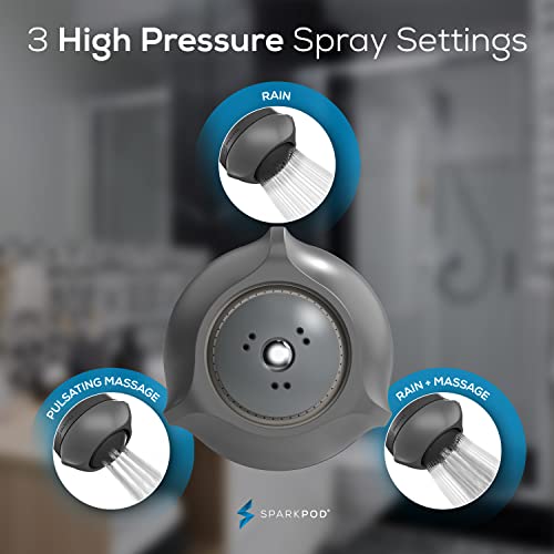 SparkPod High Pressure Shower Head, 3 Inch Fixed Showerhead, Charcoal Grey | Rain, Pulsating & Combo Modes, Helps Boosts Low Water Pressure, Anti-Clog Nozzles, Easy Install - color: 5. Charcoal Grey