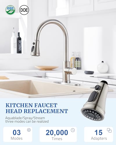 Kitchen Faucet Spray Head Replacement with 15 Adapters, Brushed Nickel | Pull Down Faucet Sprayer Head, 3 Functions Stream/Spray/Blade, Easy to Install, Removable Aerator, for Kitchen Sink Faucet - color: Brushed Nickel