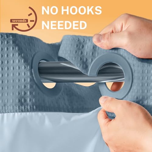 River Dream No Hooks Shower Curtain with 2 Snap in Liner, 71Wx74H | Waffle Weave, 1 Attached Snap in Liner and 1 Extra Replacement Liner, Bathroom Curtains Shower Set, Hotel Grade, Spa Like - color: Moonlight Blue