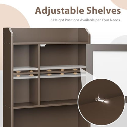 SUPER DEAL Over The Toilet Bathroom Storage Cabinet Freestanding Wooden Bathroom Organizer with Adjustable Shelves and Glass Door, Brown - color: Brown