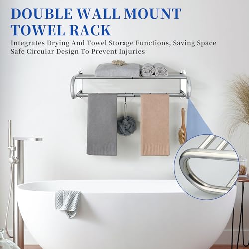 Alise Adjustable 16-28 Inches Double Towel Rack for Bathroom,Chrome | Wall Mount Double Towel Racks,SUS304 Stainless Steel Towel Holder,Retractable Towel Shelf with 2 Towel Bars 4 Movable Hooks