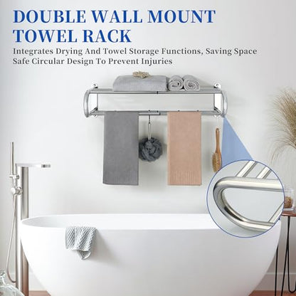 Alise Adjustable 16-28 Inches Double Towel Rack for Bathroom,Chrome | Wall Mount Double Towel Racks,SUS304 Stainless Steel Towel Holder,Retractable Towel Shelf with 2 Towel Bars 4 Movable Hooks