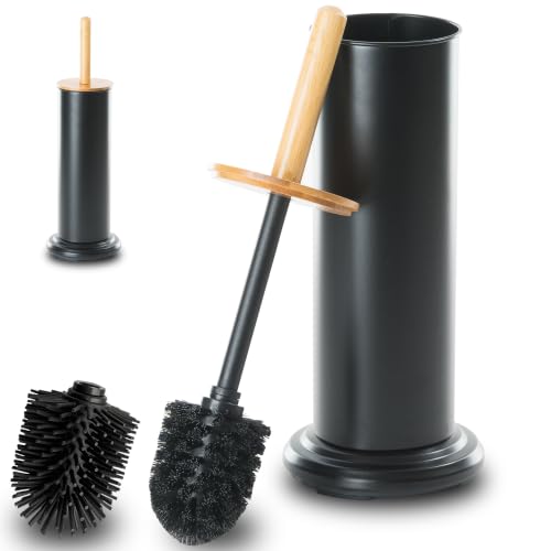 Toilet Bowl Brush and Holder, Toilet Brush with Bamboo Handle and Covered Holder, Dual Brush Options, Weighted Metal Base (Black)