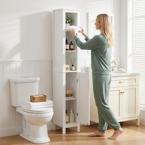 66.9" White Tall Bathroom Storage Cabinet, Slim Freestanding Narrow Linen Tower with 1 Door, Adjustable Shelves, Open Compartments & Anti-Tip Design for Small Spaces, Bathroom, Living Room