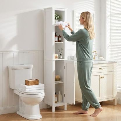 66.9" White Tall Bathroom Storage Cabinet, Slim Freestanding Narrow Linen Tower with 1 Door, Adjustable Shelves, Open Compartments & Anti-Tip Design for Small Spaces, Bathroom, Living Room