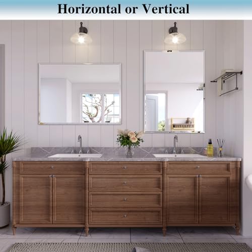 Frameless Bathroom Mirror, 28"x40" Beveled Bathroom Vanity Mirror | 15mm beveled edge, frameless, 5mm HD glass, anti-rust, french cleat, horizontally or vertically, for bathroom/bedroom - size: 28"L x 40"W